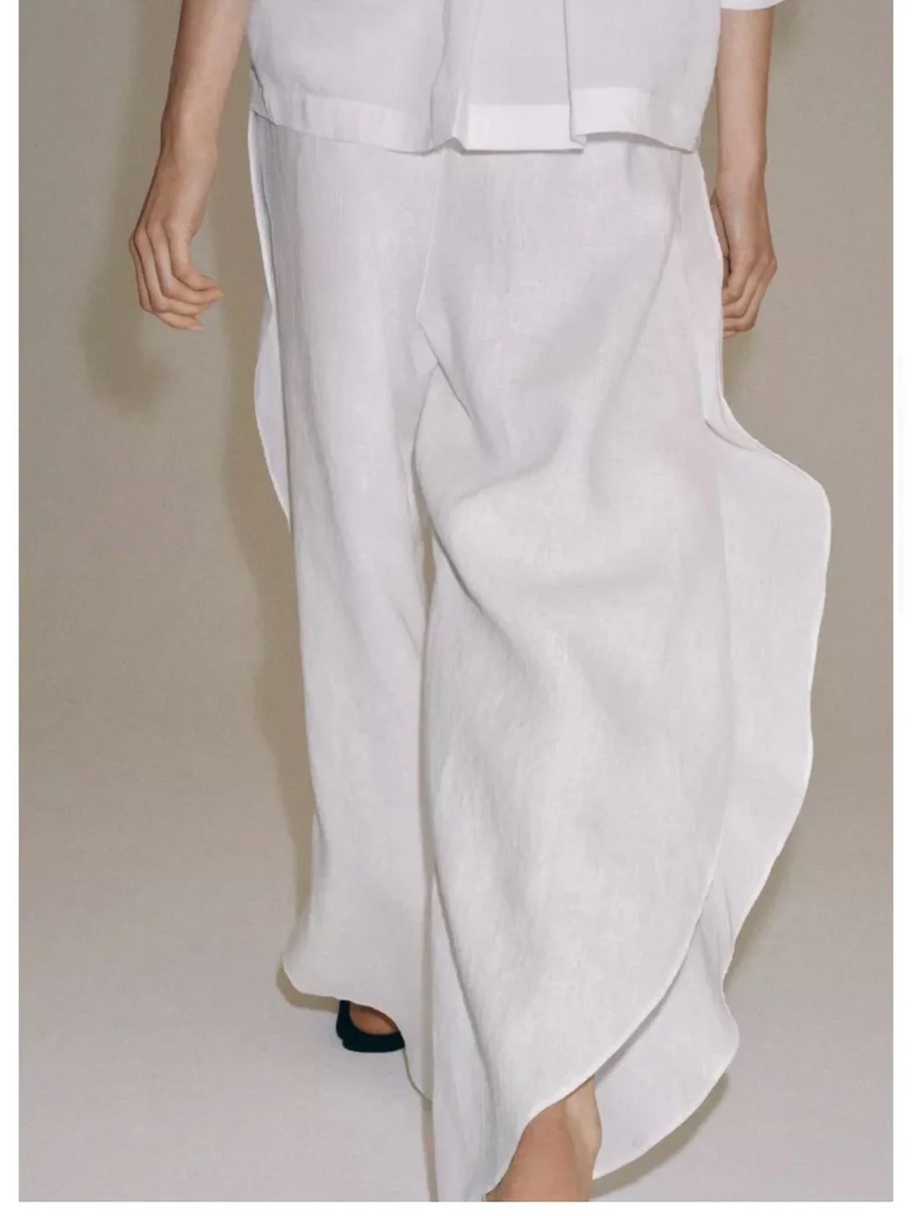 100% Linen Zara White Wide-Leg Linen Blend Pants